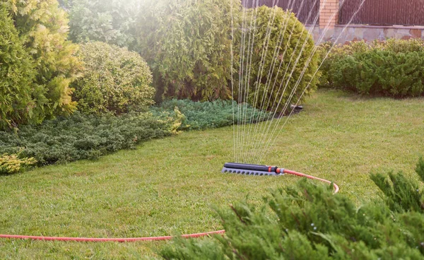 O gramado no jardim da casa é regado com aspersores — Fotografia de Stock