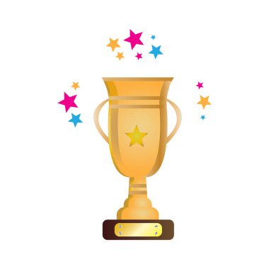 Renkli yıldızlı beyaz arka planda altın kupa