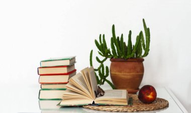 Konforlu ev dekorasyonu: Kitap yığını, saksıda bitkiler, açık kitap ve hasır tezgahta kırmızı şeftali, beyaz bir masada yastıklar. Uzak ev eğitimi. Evde kalma karantina kavramı.