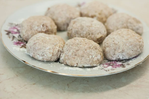 Boulettes Viande Maison Sur Assiette Dans Cuisine Fabrication Boulettes Viande — Photo