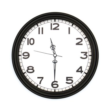 Siyah yuvarlak analog duvar saati beyaz arka planda izole edilmiş, saat 11: 30.