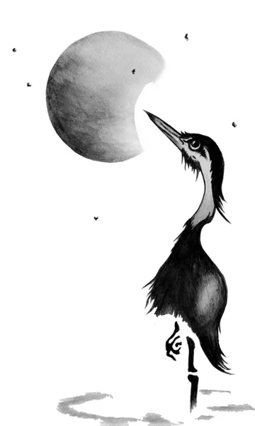 Akvarel Obrázku Černý Jeřáb Stojící Jedné Noze Rybníce Pozadí Měsíce — Stock fotografie