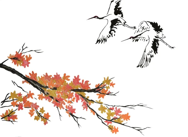 水彩絵の具は 葉を持つ木の枝の背景 空を飛んでいるクレーンの つの美しいシルエットを表示します 白い背景に分離された 伝統的な中国スタイルで実行される図 — ストック写真