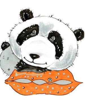 Suluboya ile rahat uyku turuncu bir yastık üzerinde bir komik karikatür panda. Beyaz arka plan üzerinde izole geleneksel Çince stilde yürütülen illüstrasyon.