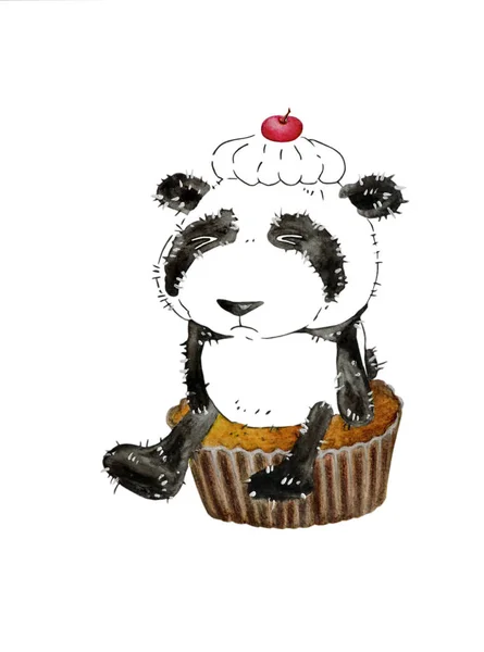 Watercolor Funny Cartoon Panda She Sits Sadly Cake Symbolizes Diet — Stock Photo, Image