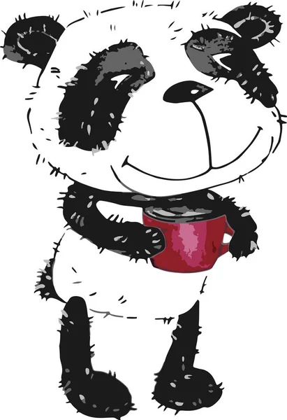 Aquarela Com Panda Desenho Animado Engraçado Ela Segura Copo Vermelho — Vetor de Stock