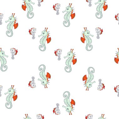 Sevimli, çizgi ile sulu boya Dikişsiz desen vektör, beyaz arka plan üzerinde izole denizatı.