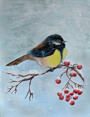 Suluboya ile bir kuş rowan dal. Kışın karda üvez meyveleri arar bir baştankara bu.