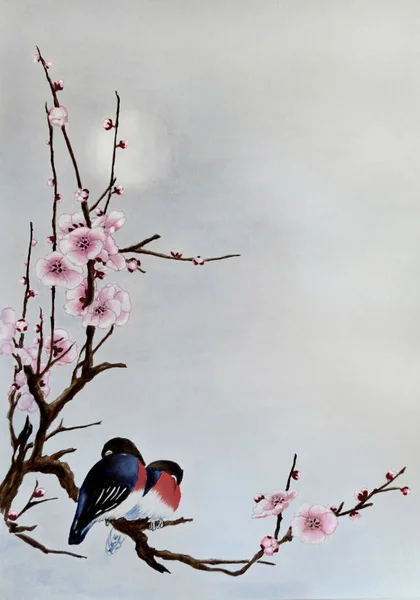 Traditionele Chinese Aquarel Van Bloemen Kersenbloesem Twee Slapende Vogels Boom — Stockfoto