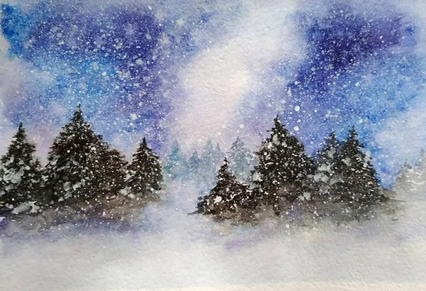 Aquarel Illustratie Met Afbeelding Van Het Bos Van Winter Met — Stockfoto