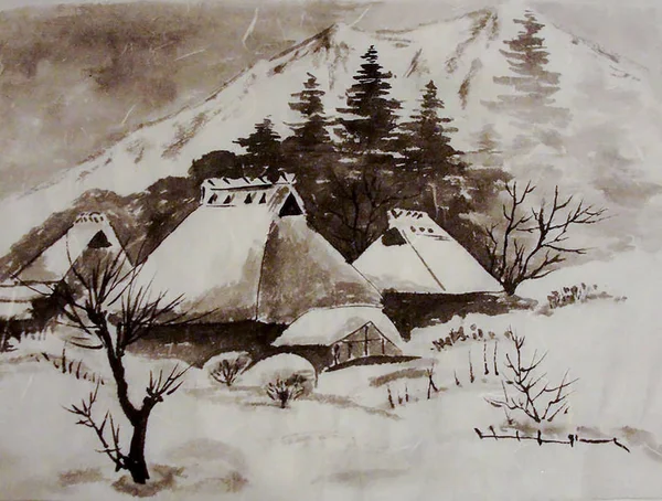 Aquarelle Avec Des Maisons Dans Neige Pied Des Montagnes Illustration — Photo