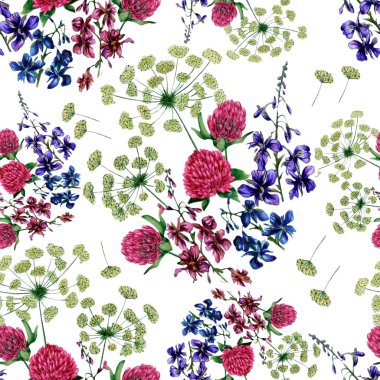 Beyaz arka plan üzerinde parlak kır çiçekleri ile Seamless modeli. Pembe çiçekler, yonca, Lila lungwort ve selâmotu. Suluboya resim. Elle çizilmiş yaz illüstrasyon. Duvar kağıdı, kumaş tasarım.