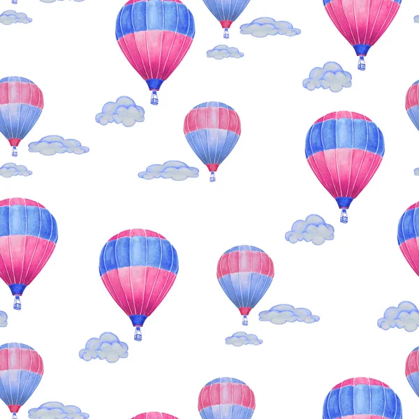 Seamless pattern with beautiful balloons on a background of clouds isolated on white background. Watercolor painting hand drawn, wallpaper, fabric design. In blue and pink.