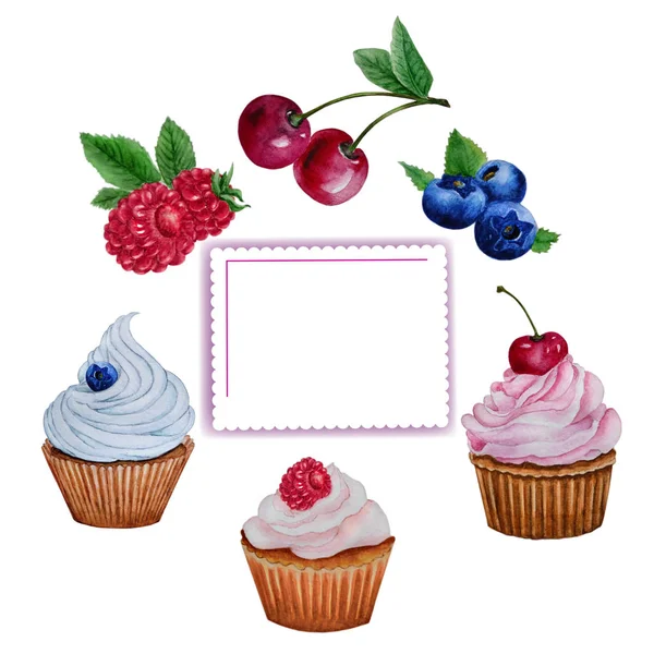 Watercolor painting a set of bright fruits and cream cakes isolated on white background. Frame with a postcard for text. The fruits of raspberry, cherry, blueberry are shown. Hand drawn, wallpaper, fabric design.