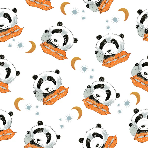 Watercolor with a funny cartoon panda, she is sleeping on an orange pillow. Seamless pattern executed in  chinese style, isolated on white background.