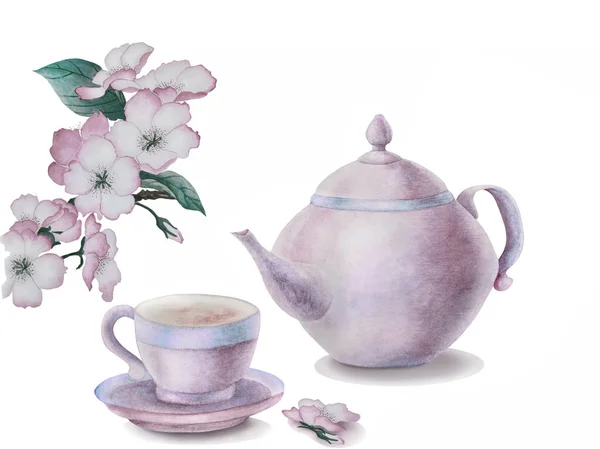 Tazza di tè, teiera e ramoscello fiorito — Foto Stock