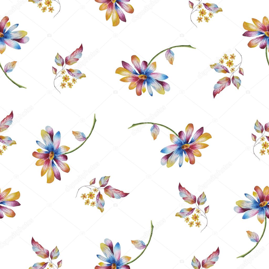  pattern with colorful chamomile flowers and leaves