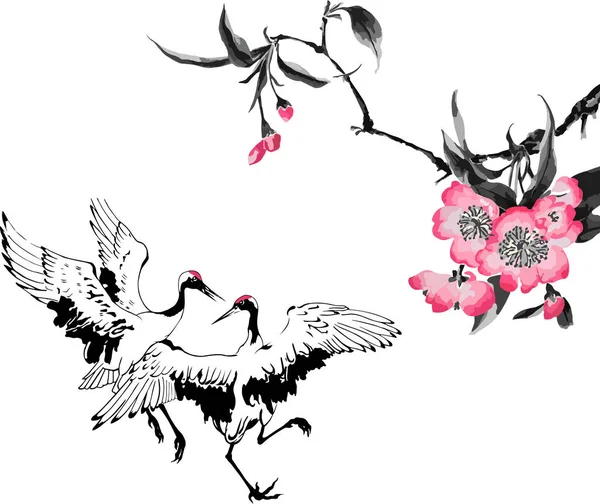 Flores flor de cerezo y dos grullas danzantes — Vector de stock