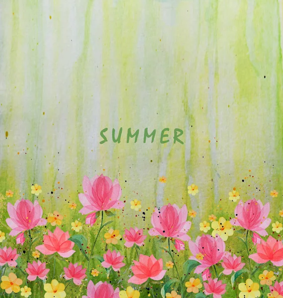 Watercolor with summer flowers on a green background — Stock Photo, Image