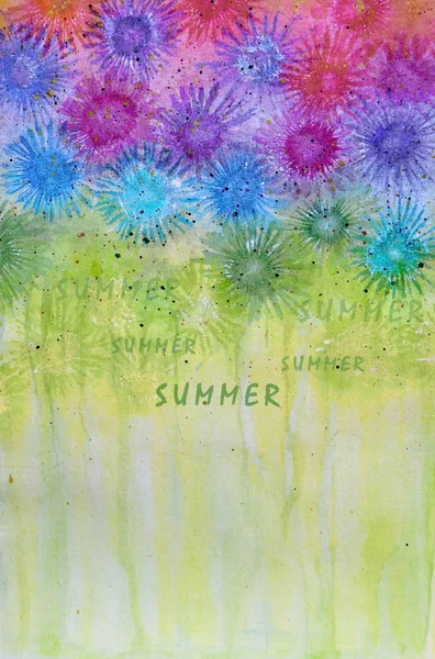 Akvarel Ilustrace Abstraktních Letních Květin Zeleném Pozadí Nápisem Létě Zde — Stock fotografie
