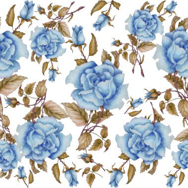 Beyaz arkaplanda mavi güller ve sarı yapraklardan oluşan suluboya çizimleri. Düğün davetiyeleri, tebrik kartları, baskılar, tekstil tasarımı, ambalaj tasarımı için romantik bir arkaplan olarak kullanılabilir.
