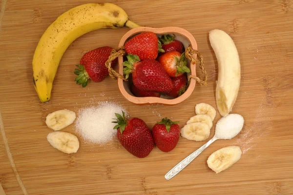 Fresas Banana Fresh Fruta Mesa Madera — Foto de Stock