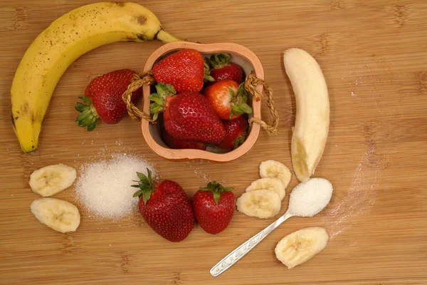 Strawberries Banana Fresh Fruit Wooden Table — Stock Photo, Image