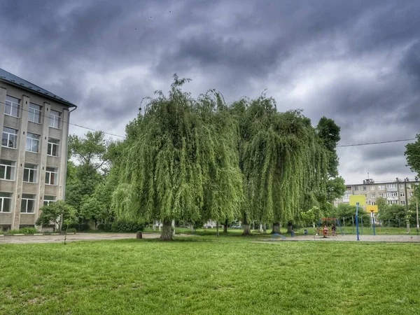 Parkdaki Parkın Parkındaki Ağaçlar Parkın Oradaki Bina Eski Evdeki Fırtına — Stok fotoğraf