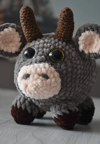 Goby is a knitted toy. 2021 year of the bull.
