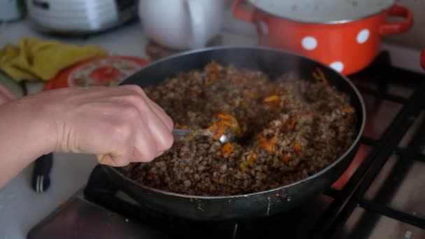 Menina Prepara Frango Com Maçãs Mãos Femininas Visíveis — Vídeo de Stock