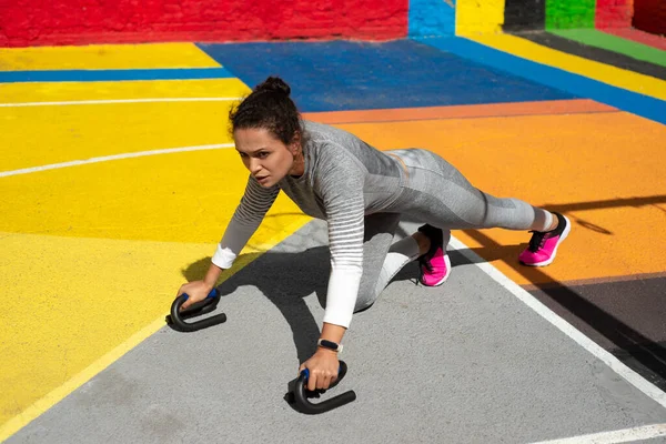 Young Woman Gray Tracksuit Doing Push Ups Floor Playground — Stock Photo, Image