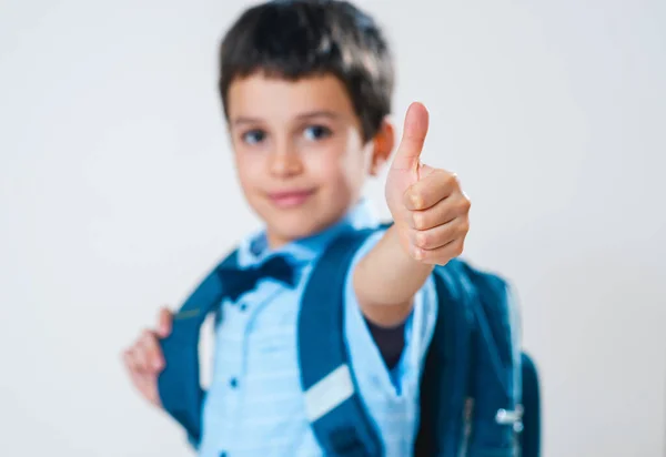 Colegial Con Una Camisa Con Pajarita Una Mochila Detrás Espalda —  Fotos de Stock