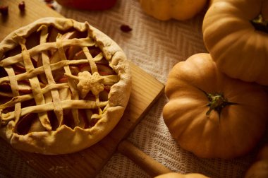 Sonbahar balkabağı turtası kabak kabaklarının yanında kırsal bir panoda hasat sıcaklığını, aile toplantılarını ve Şükran Günü ruh halini yakalar..