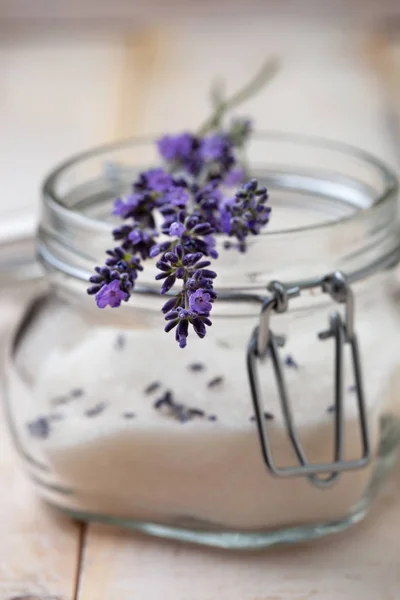 Bouquet Fresh Lavender Sugar Glass Jar Light Wooden Background Closeup — Stock Photo, Image