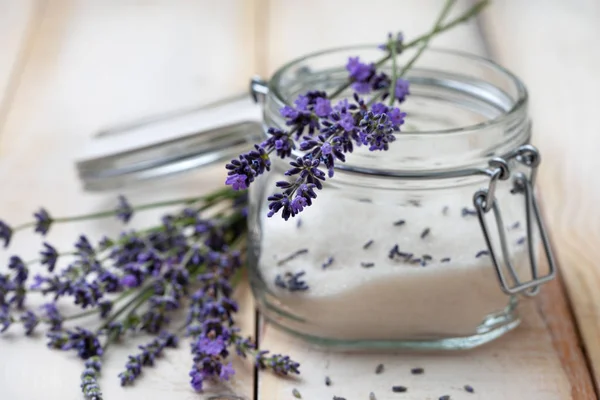 Bouquet Fresh Lavender Sugar Glass Jar Light Wooden Background Closeup — Stock Photo, Image