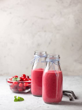smoothies yaban mersini, şişeli taze kızılcık bir kase üzerinde gri bir arka plan beton.