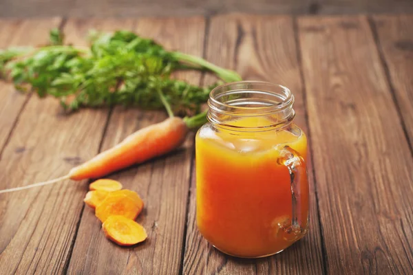 Carrot Juice Glass Jar Old Wooden Background Closeup — Stock Photo, Image