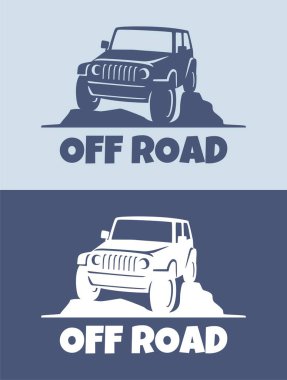 Konsept spor araç silueti içeren off-road araba logosu tasarımı retro arka planda. Vektör illüstrasyonu.