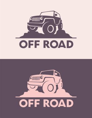 Konsept spor araç silueti içeren off-road araba logosu tasarımı retro arka planda. Vektör illüstrasyonu.