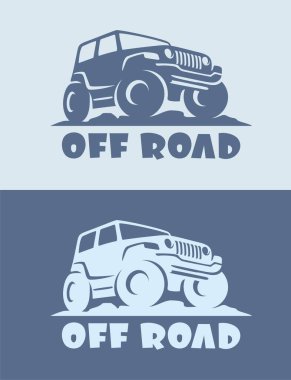 Konsept spor araç silueti içeren off-road araba logosu tasarımı retro arka planda. Vektör illüstrasyonu.