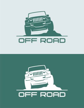 Konsept spor araç silueti içeren off-road araba logosu tasarımı retro arka planda. Vektör illüstrasyonu.