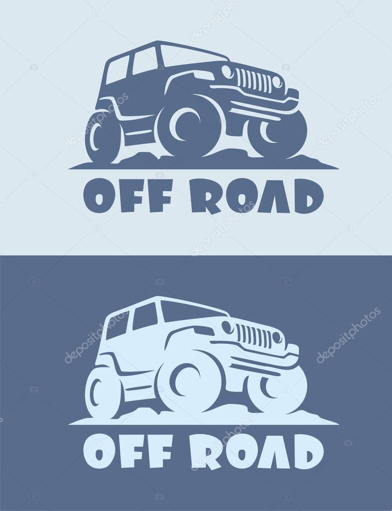 Offroad car logo design with concept sports vehicle icon silhouette on retro background. Vector illustration.