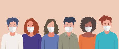 Coronavirus 'u önlemek için tıbbi maske takan bir grup insan, covid-19 hastalığı, grip, hava kirliliği, kirli hava, dünya kirliliği. Düz bir biçimde vektör pankartı illüstrasyonuName