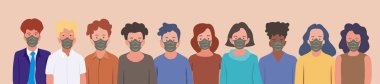 Coronavirus 'u önlemek için tıbbi maske takan bir grup insan, covid-19 hastalığı, grip, hava kirliliği, kirli hava, dünya kirliliği. Düz bir biçimde vektör pankartı illüstrasyonuName