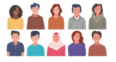 Parlak insanlar portreler ayarla - genç erkek ve kadın, erkek ve dişi çizimi yüzleri ve Avatarlar omuzlar el çizilmiş düz stil vektör tasarım konsepti. Düz stil vektör simgeler kümesi