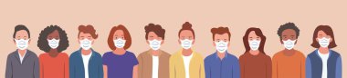 Coronavirus 'u önlemek için tıbbi maske takan bir grup insan, covid-19 hastalığı, grip, hava kirliliği, kirli hava, dünya kirliliği. Düz bir biçimde vektör pankartı illüstrasyonuName