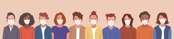 Grupa Ludzi Noszących Maski Medyczne Celu Zapobiegania Koronawirusowi Chorobie Wideowirusa — Wektor stockowy