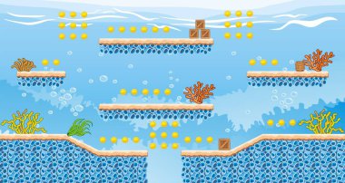 Katmanlı bir sualtı vektör oyun varlığı, grafik, sanat arka plan ve zemin fayansları ayrıca platformatör oyunları oluşturmak için kullanılan çeşitli nesneler, nesneler, dekorasyonlar içerir.
