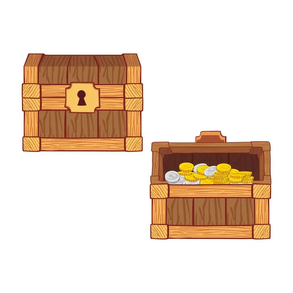 Wooden Chest Set Game Interface Closed Opened Coins — Stock Vector