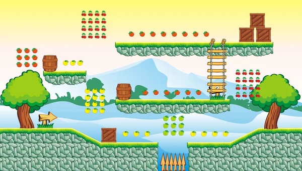 Oyun için döşeme platformu, bir dizi katmanlı vektör oyun varlığı, arka plan, zemin fayansları ve çeşitli öğeler, nesneler, dekorasyonlar içerir, mobil oyunlar oluşturmak için kullanılır